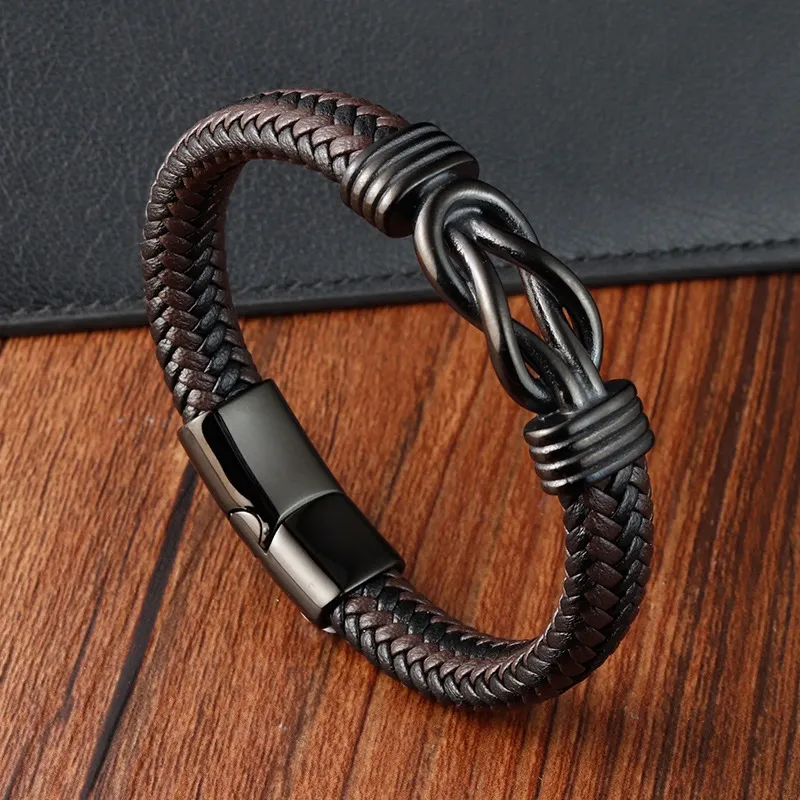 Vintage Men’s Infinity Symbol Bracelet – Hand-Braided Leather Wristband with Magnetic Clasp