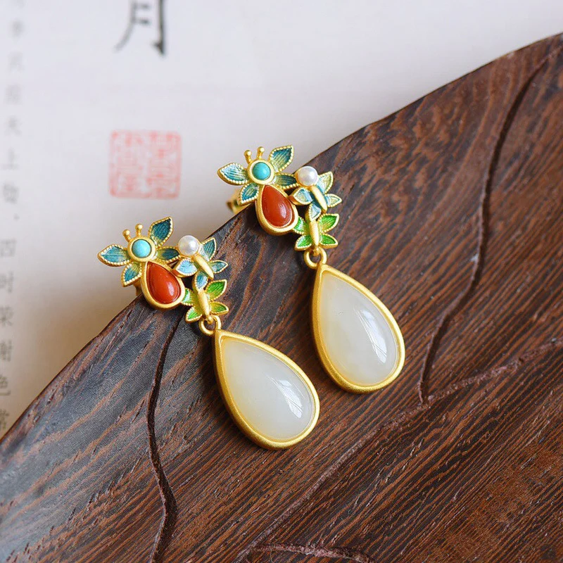 Water Drop White Jade Red Agate Butterfly Protection Drop Dangle Earrings