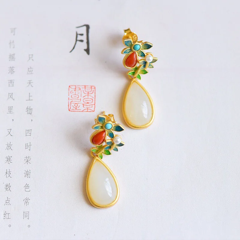 Water Drop White Jade Red Agate Butterfly Protection Drop Dangle Earrings