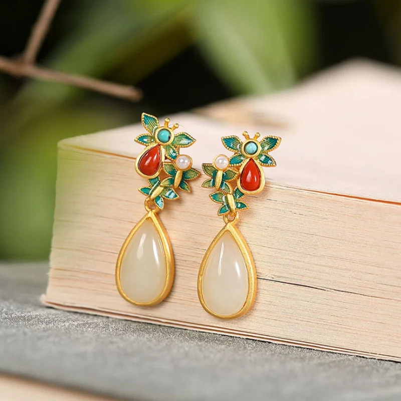 Water Drop White Jade Red Agate Butterfly Protection Drop Dangle Earrings
