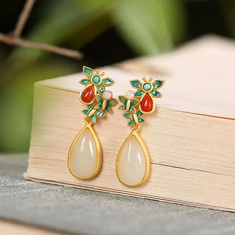 Water Drop White Jade Red Agate Butterfly Protection Drop Dangle Earrings