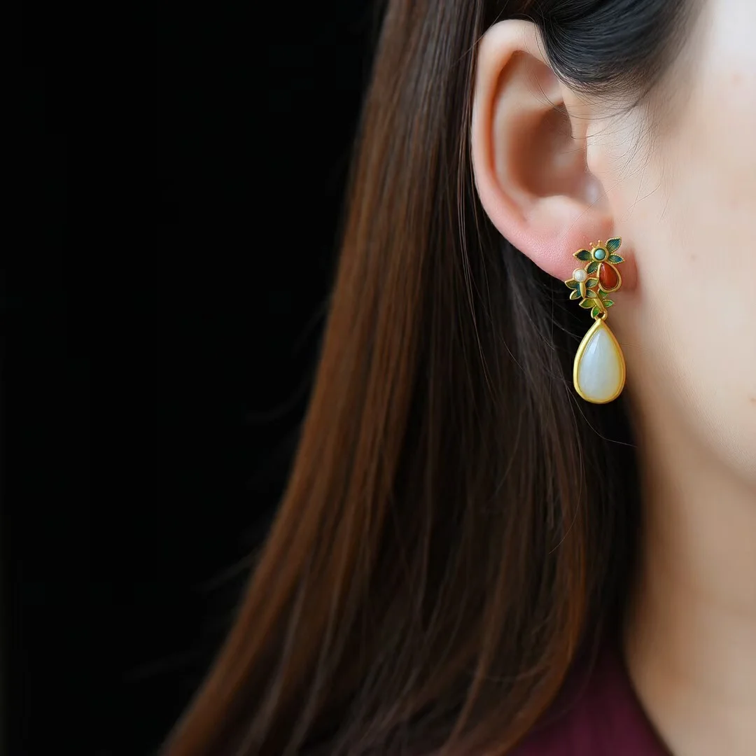 Water Drop White Jade Red Agate Butterfly Protection Drop Dangle Earrings