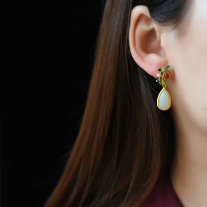 Water Drop White Jade Red Agate Butterfly Protection Drop Dangle Earrings