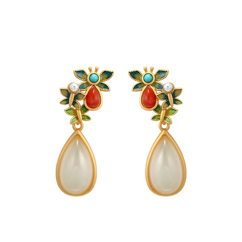 Water Drop White Jade Red Agate Butterfly Protection Drop Dangle Earrings