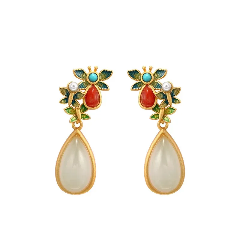 Water Drop White Jade Red Agate Butterfly Protection Drop Dangle Earrings