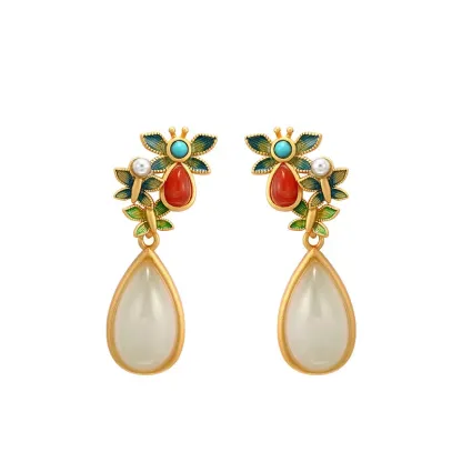Water Drop White Jade Red Agate Butterfly Protection Drop Dangle Earrings