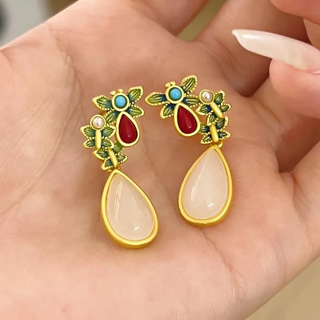 Water Drop White Jade Red Agate Butterfly Protection Drop Dangle Earrings