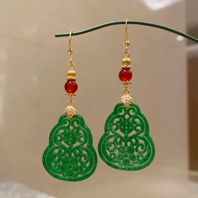 Water Droplet Hollow Shape Jade Red Agate 925 Sterling Silver Luck Earrings