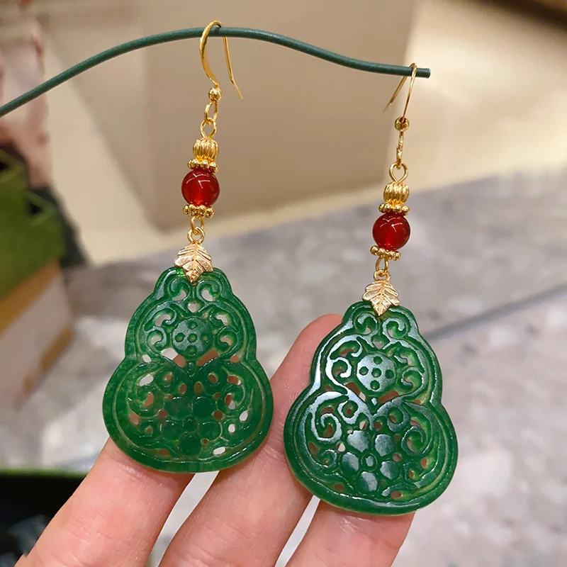 Water Droplet Hollow Shape Jade Red Agate 925 Sterling Silver Luck Earrings