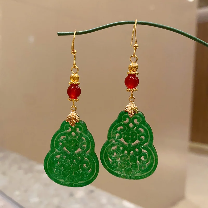 Water Droplet Hollow Shape Jade Red Agate 925 Sterling Silver Luck Earrings