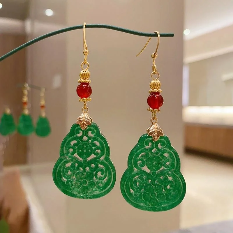 Water Droplet Hollow Shape Jade Red Agate 925 Sterling Silver Luck Earrings