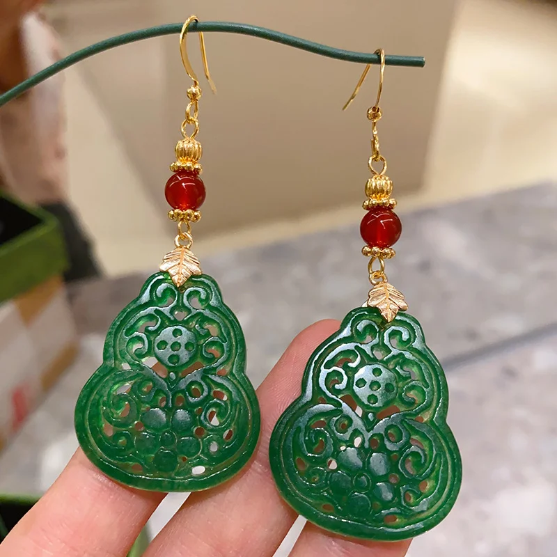 Water Droplet Hollow Shape Jade Red Agate 925 Sterling Silver Luck Earrings