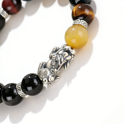 Wealth-Attracting Pixiu Black Onyx Tiger's Eye Bracelet - The Fortress of Fortune and Courage