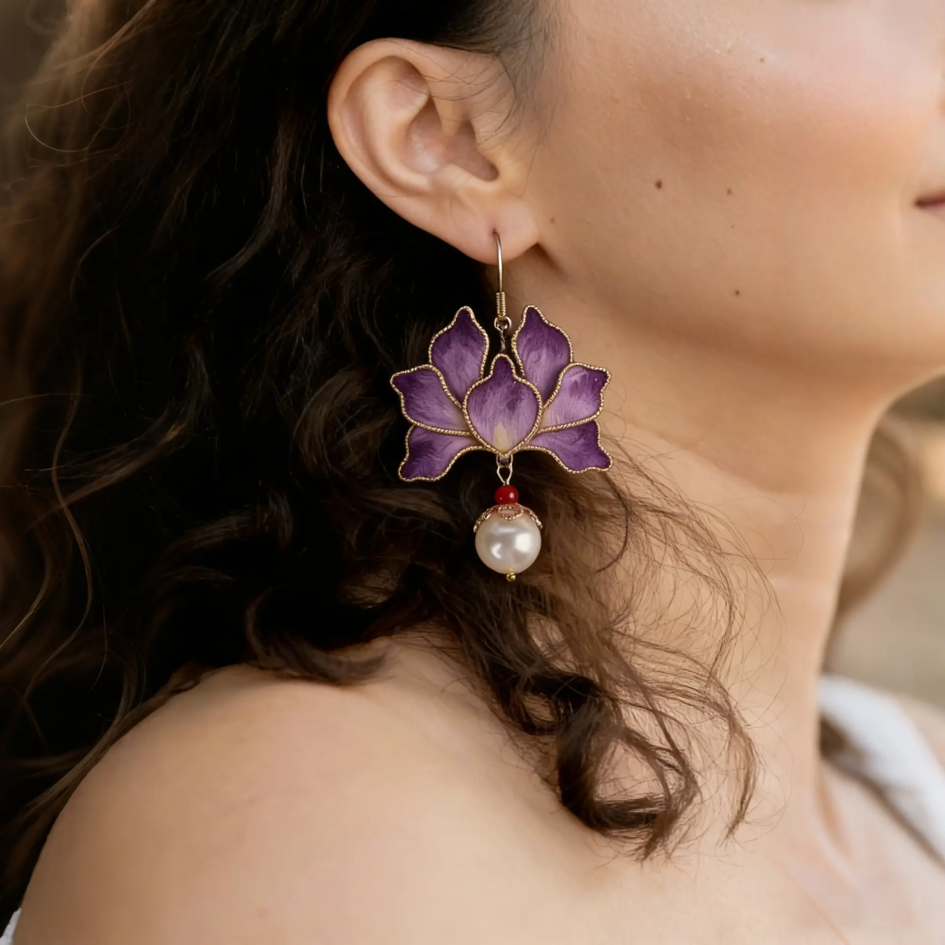 Imperial Violet Blossom Mulberry Silk & Pearl Earrings