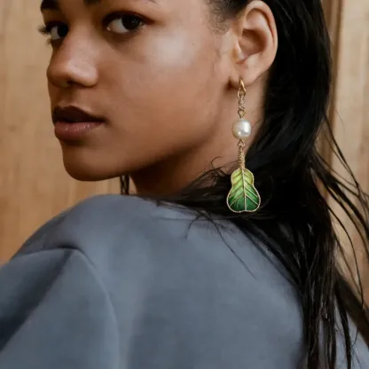 Verdant Plantain Fan Mulberry Silk & Pearl Earrings