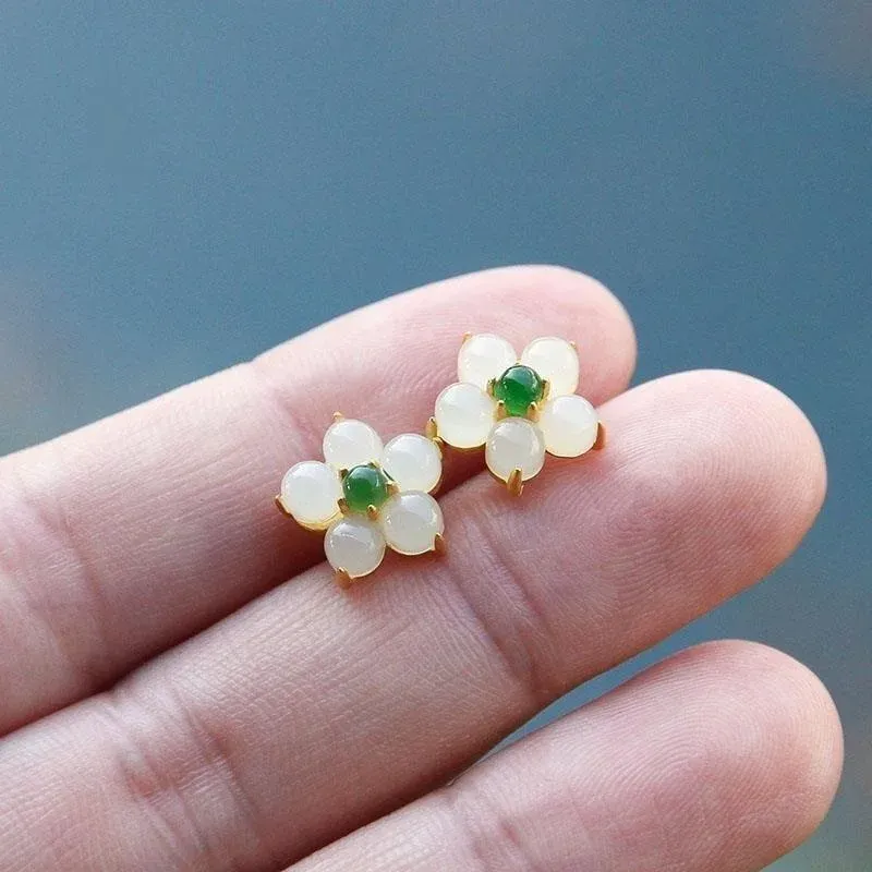 White Jade Flower Luck Blessing Stud Earrings