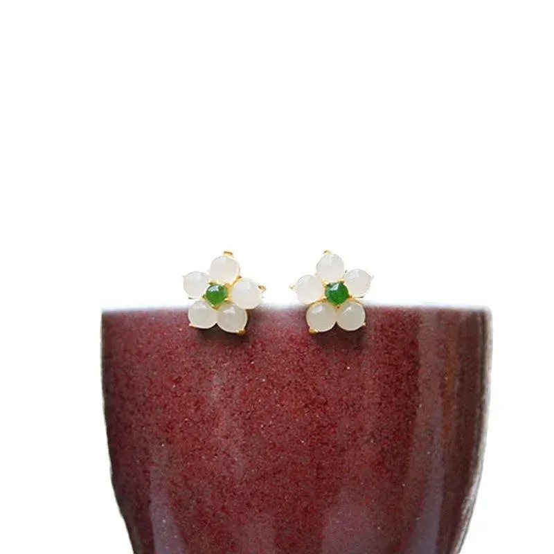 White Jade Flower Luck Blessing Stud Earrings