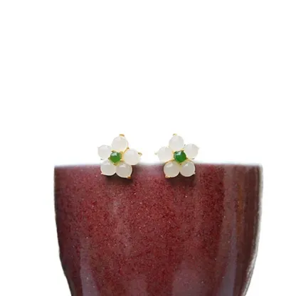 White Jade Flower Luck Blessing Stud Earrings