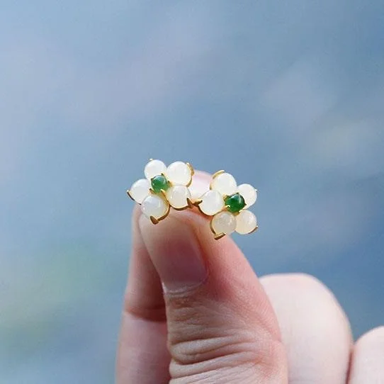 White Jade Flower Luck Blessing Stud Earrings