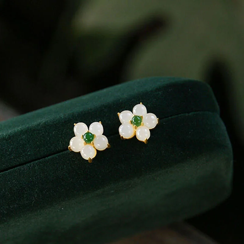 White Jade Flower Luck Blessing Stud Earrings