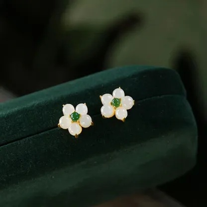 White Jade Flower Luck Blessing Stud Earrings