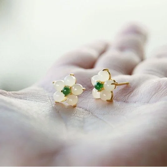 White Jade Flower Luck Blessing Stud Earrings