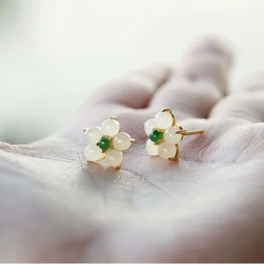 White Jade Flower Luck Blessing Stud Earrings