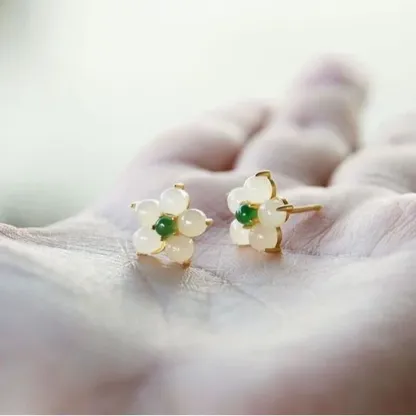 White Jade Flower Luck Blessing Stud Earrings