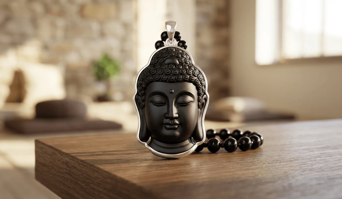 A detailed obsidian Buddha head pendant on a wooden altar, symbolizing wisdom and mindfulness jewelry.