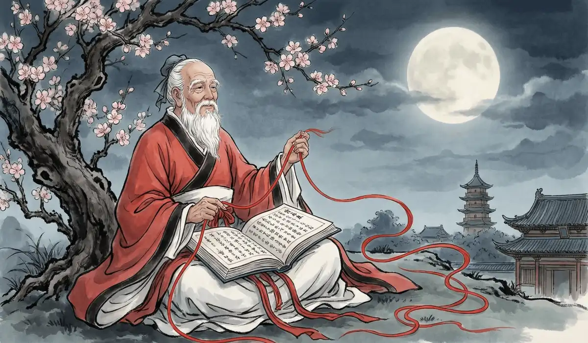 Ancient Chinese folklore illustration of the god Yue Lao weaving the red threads of fate under a moonlit peach tree.