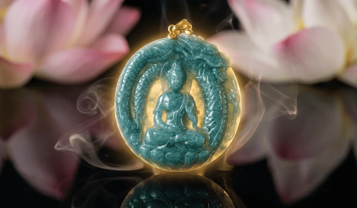 A detailed carved jade Guardian Buddha pendant emitting a warm aura on a dark stone background for BaZi chart protection.
