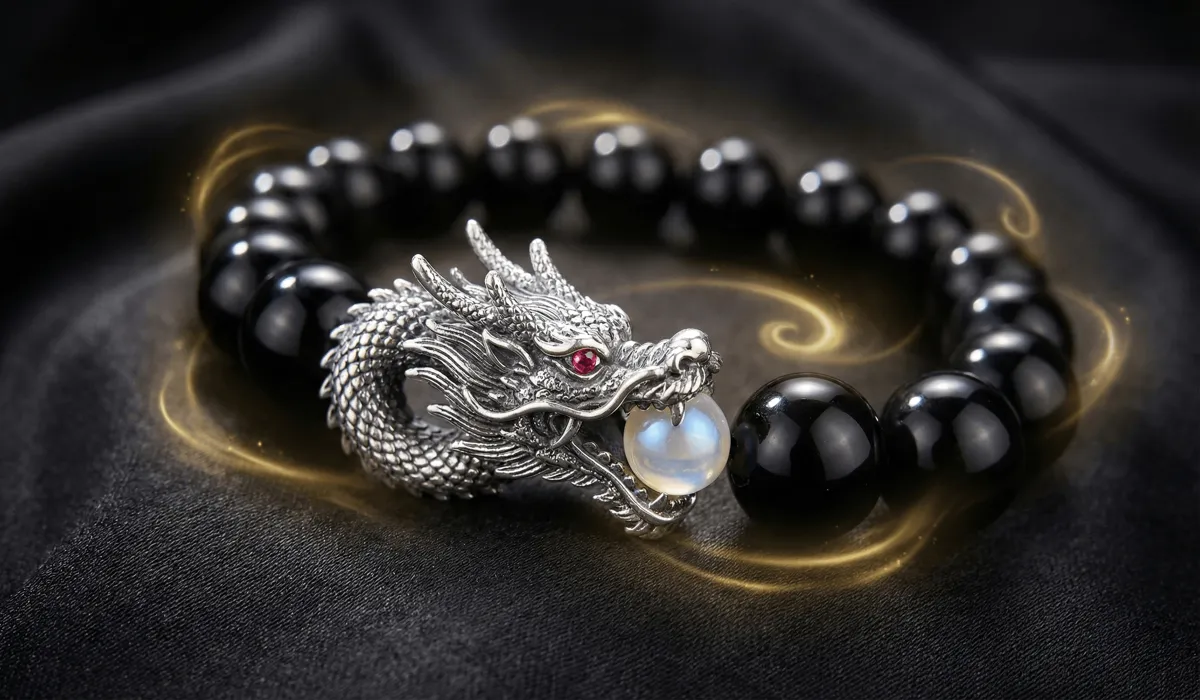 A detailed sterling silver dragon bracelet with obsidian beads symbolizing power and protection.