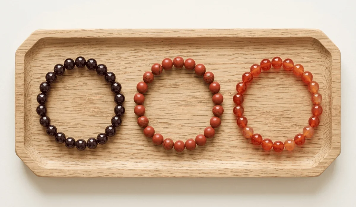 Side-by-side comparison of a deep red garnet bracelet next to red jasper and carnelian gemstone bracelets on a wooden tray.