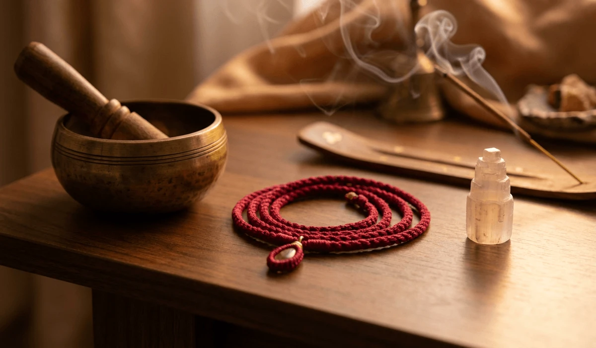 A sacred red thread necklace resting on a wooden altar next to a singing bowl and selenite crystal for spiritual cleansing.