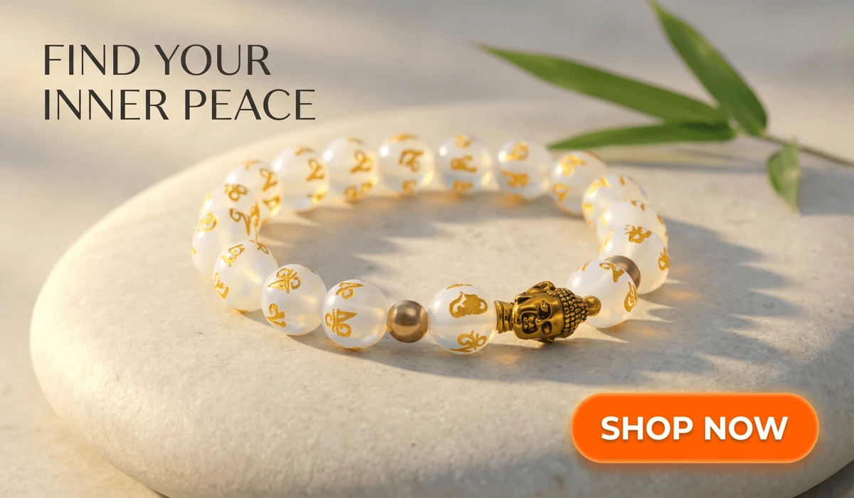 Glowstone Buddha Serenity Bracelet with white iridescent mantra beads and gold Buddha charm, spiritual Zen jewelry for inner peace.