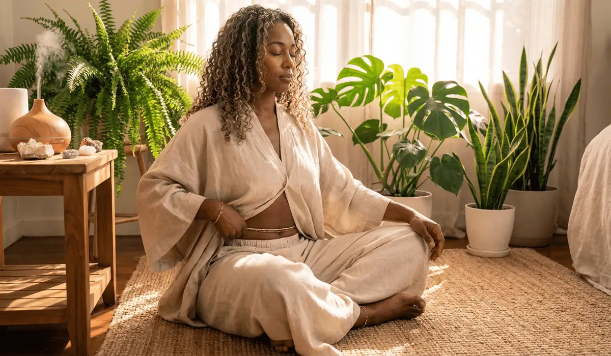 A person practicing mindfulness while touching their waist beads, symbolizing body awareness and spiritual intention setting.