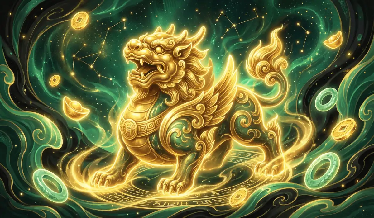 Mythical Pixiu fortune beast surrounded by golden energy and traditional Chinese wealth symbols.