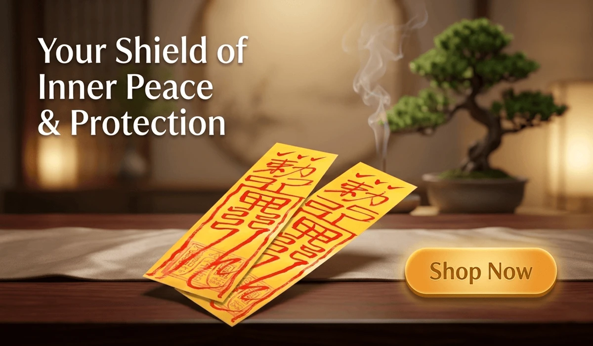 Personalized Peace & Safety Talisman for spiritual protection and inner peace, displayed in a high-end Zen setting with a Shop Now button.