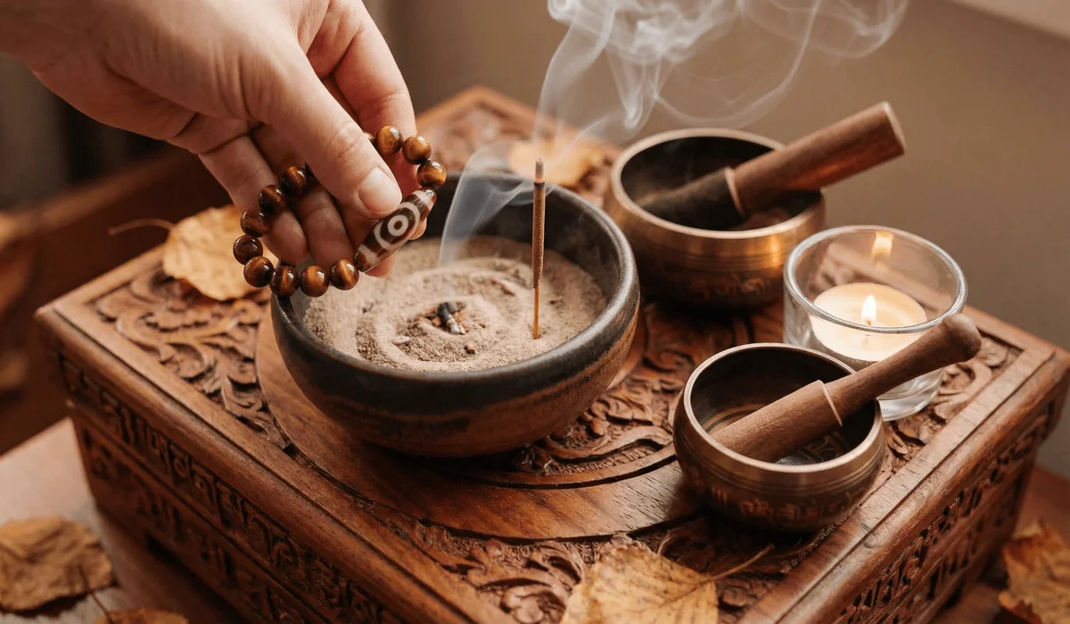 Cleansing a Tibetan Dzi bead with sandalwood incense smoke on a traditional wooden altar.