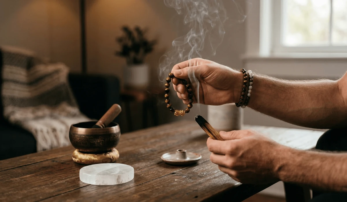 A man cleansing a Tiger's Eye Feng Shui bracelet using the smoke from a Palo Santo stick to refresh its energy.