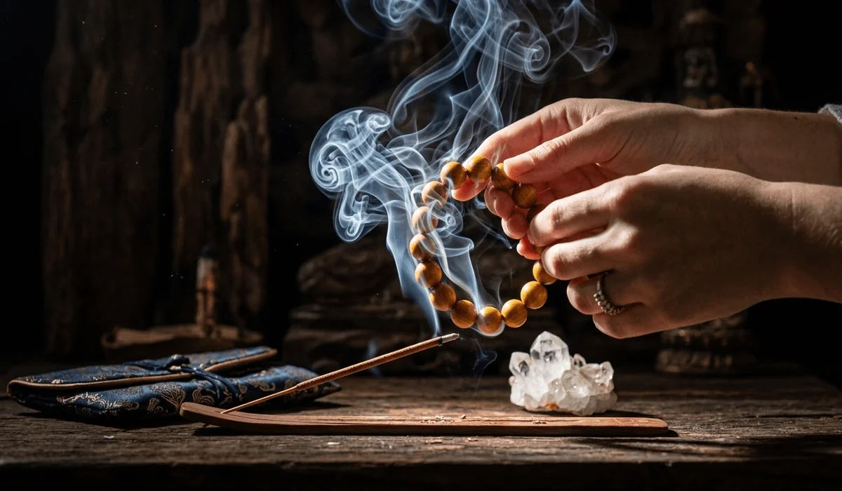 A Boxwood bracelet being cleansed with incense smoke to maintain its protective spiritual vibrations.