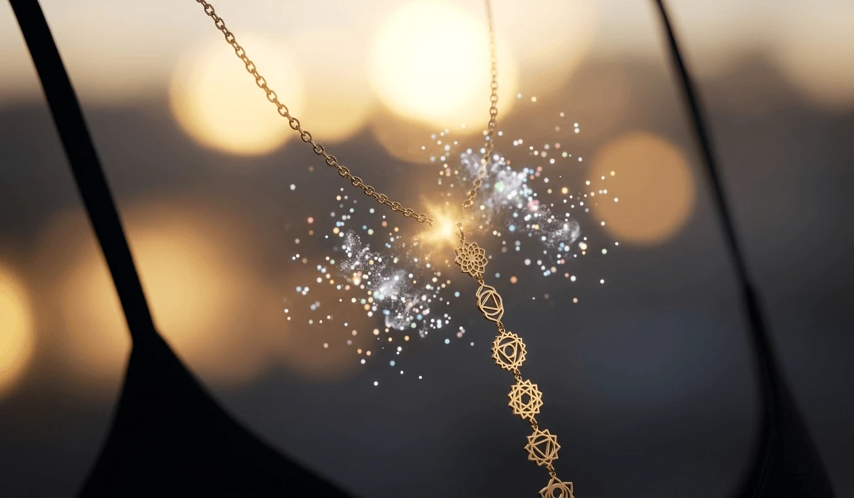 A delicate gold necklace chain snapping with glowing energy sparks, symbolizing the spiritual meaning of a broken chain and energy release.