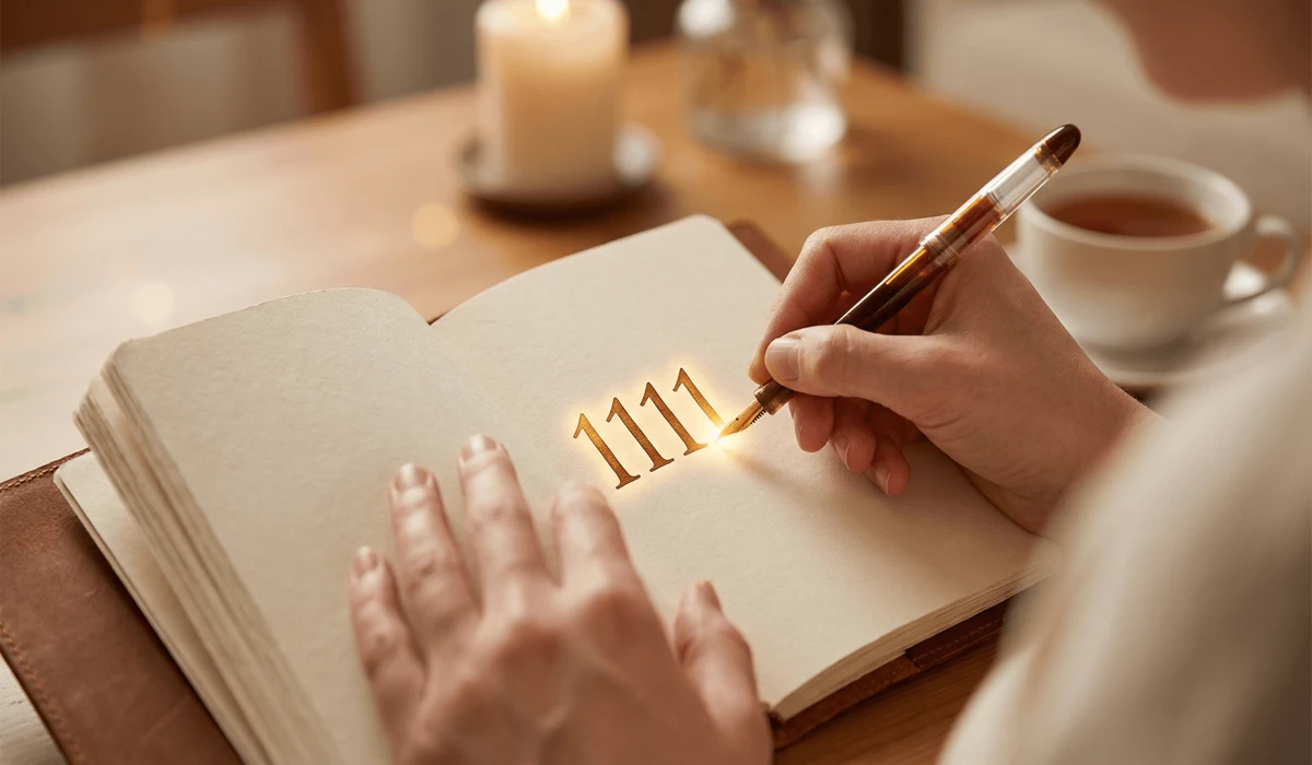 A person recording the angel number 1111 in a journal to track divine messages and spiritual patterns.
