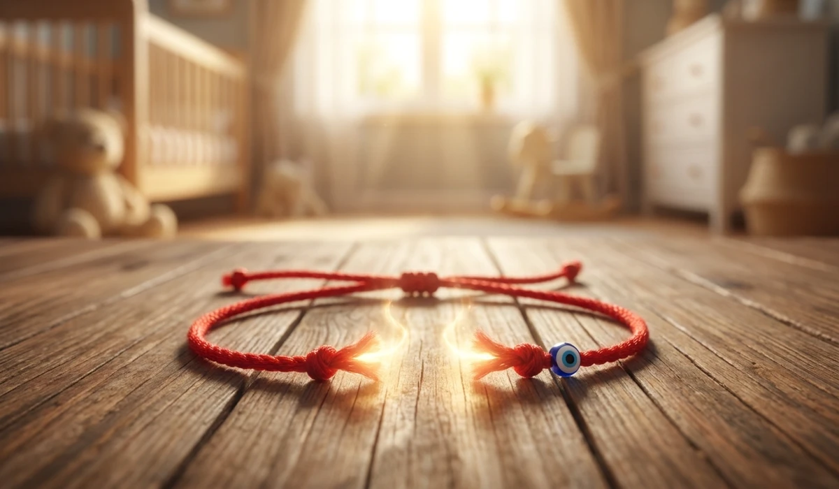 A broken red string protection bracelet for a child on a wooden floor, symbolizing spiritual fulfillment and energy release.