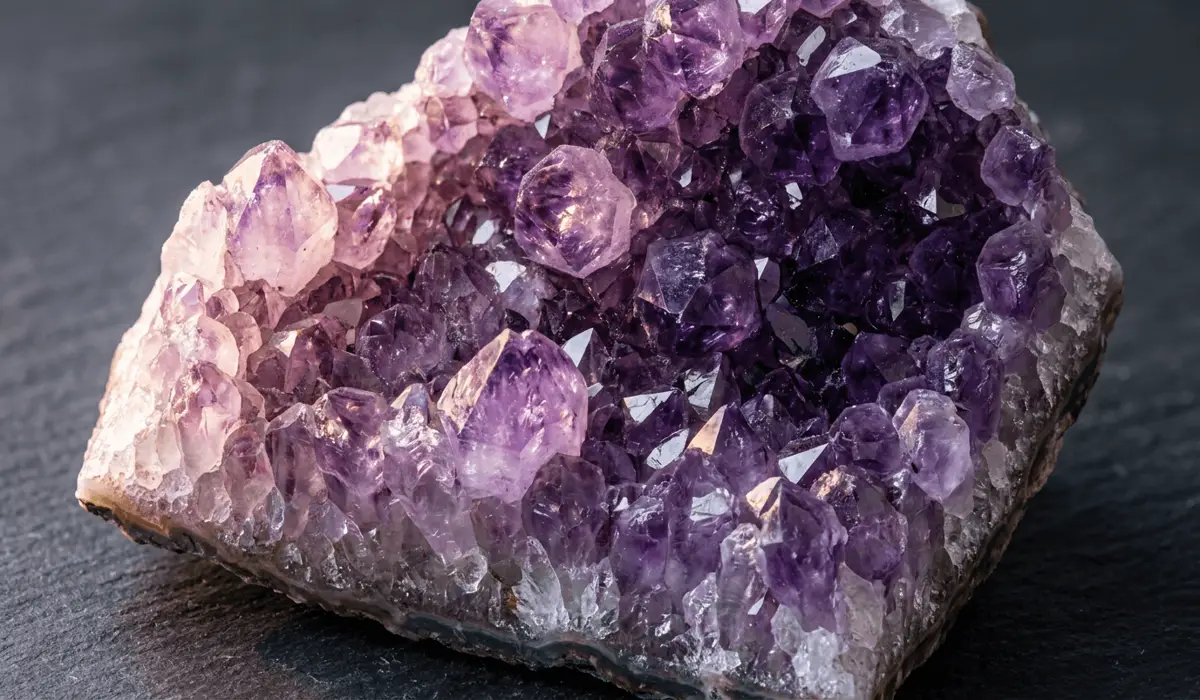 Raw purple amethyst geode showing natural quartz crystal points and vibrant violet hues.