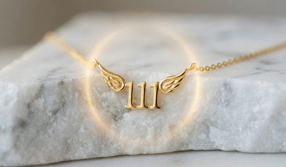Close-up of a 111 angel number gold necklace symbolizing spiritual alignment and inner authority.