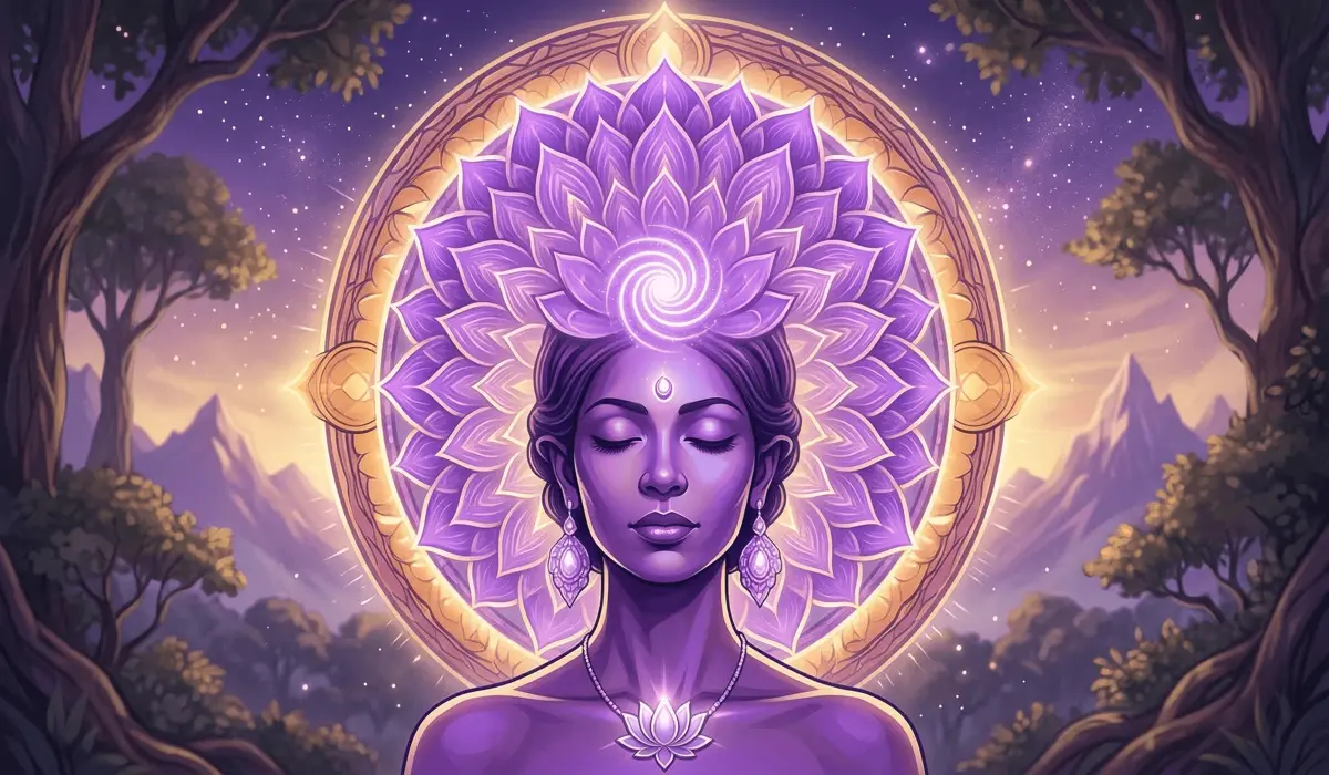 A woman wearing a lotus necklace during meditation, illustrating the connection between the lotus symbol and the crown chakra.