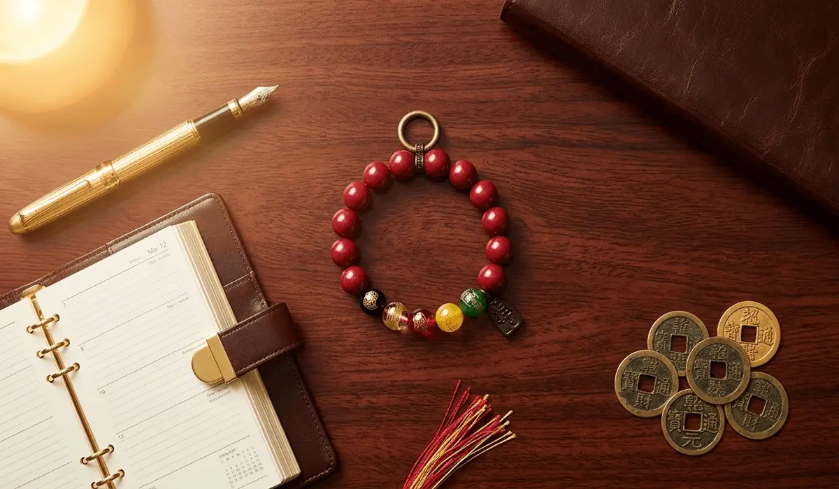 A cinnabar bracelet on a business desk surrounded by symbols of wealth and success, illustrating its role as a manifestation stone for abundance.