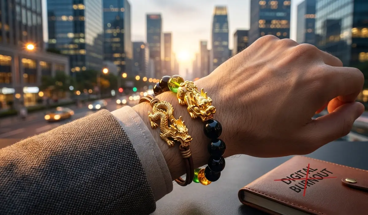 Close-up of a gold Pixiu bracelet and Dragon jewelry worn by a professional, symbolizing protection and wealth in a modern city.