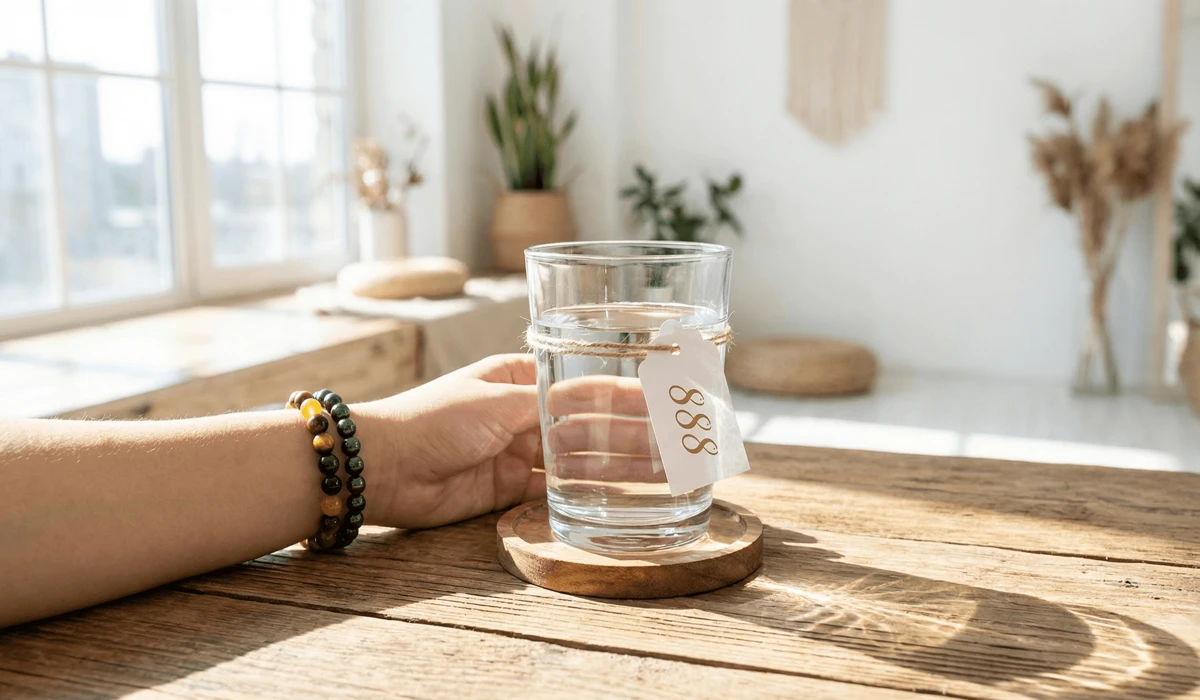 A glass of water labeled with manifestation number 888 and a crystal bracelet on a wrist.